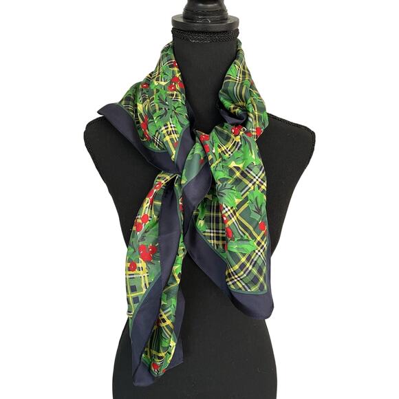 Talbots 100% Silk Scarf Christmas Holly & Tartan Plaid Green Navy 34” Square - Picture 2 of 12